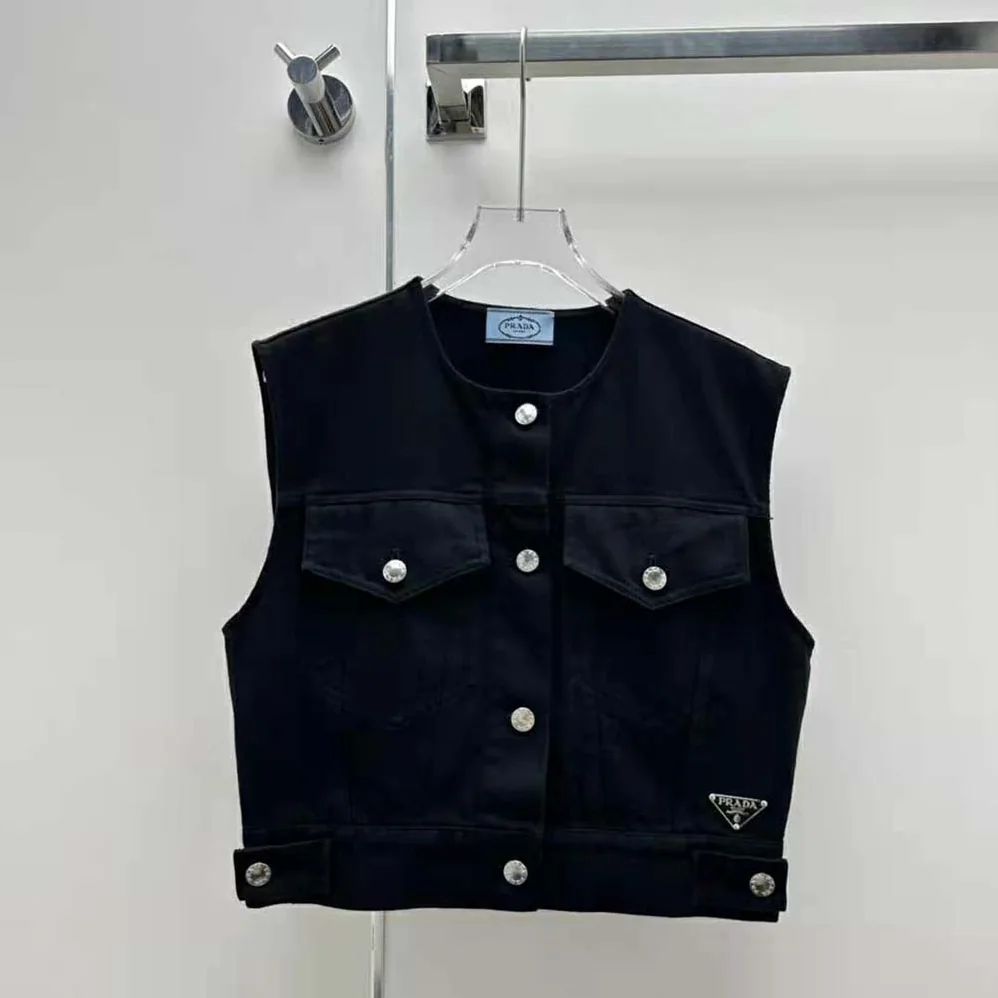 Prada Stretch Denim Vest with Triangle Logo for Women Prada Stretch Denim Vest with Triangle Logo for Women