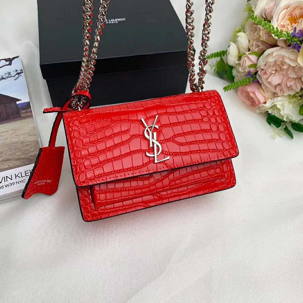 Saint Laurent YSL Sunset Medium Crocodile Embossed Shiny for Women in Red