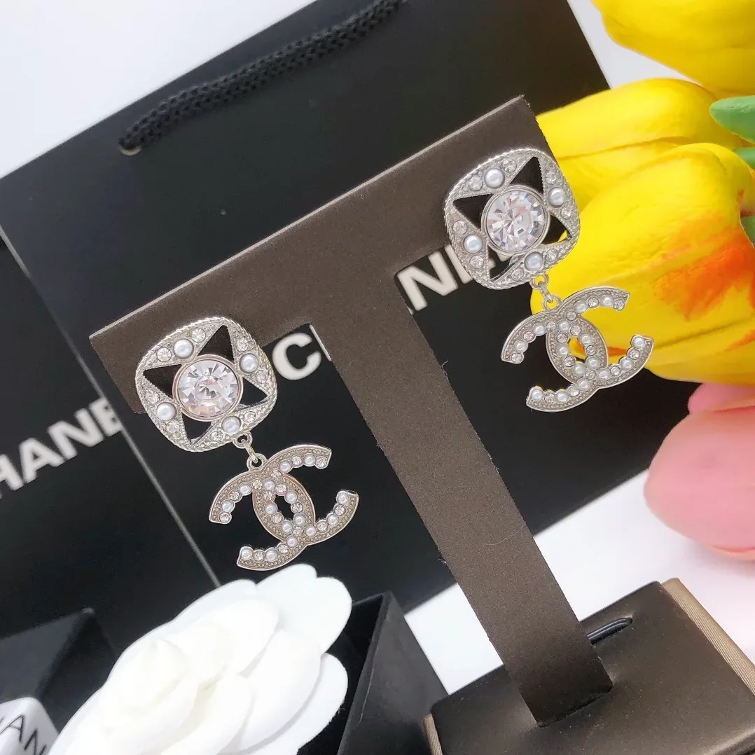Square Double C Stud Earrings White