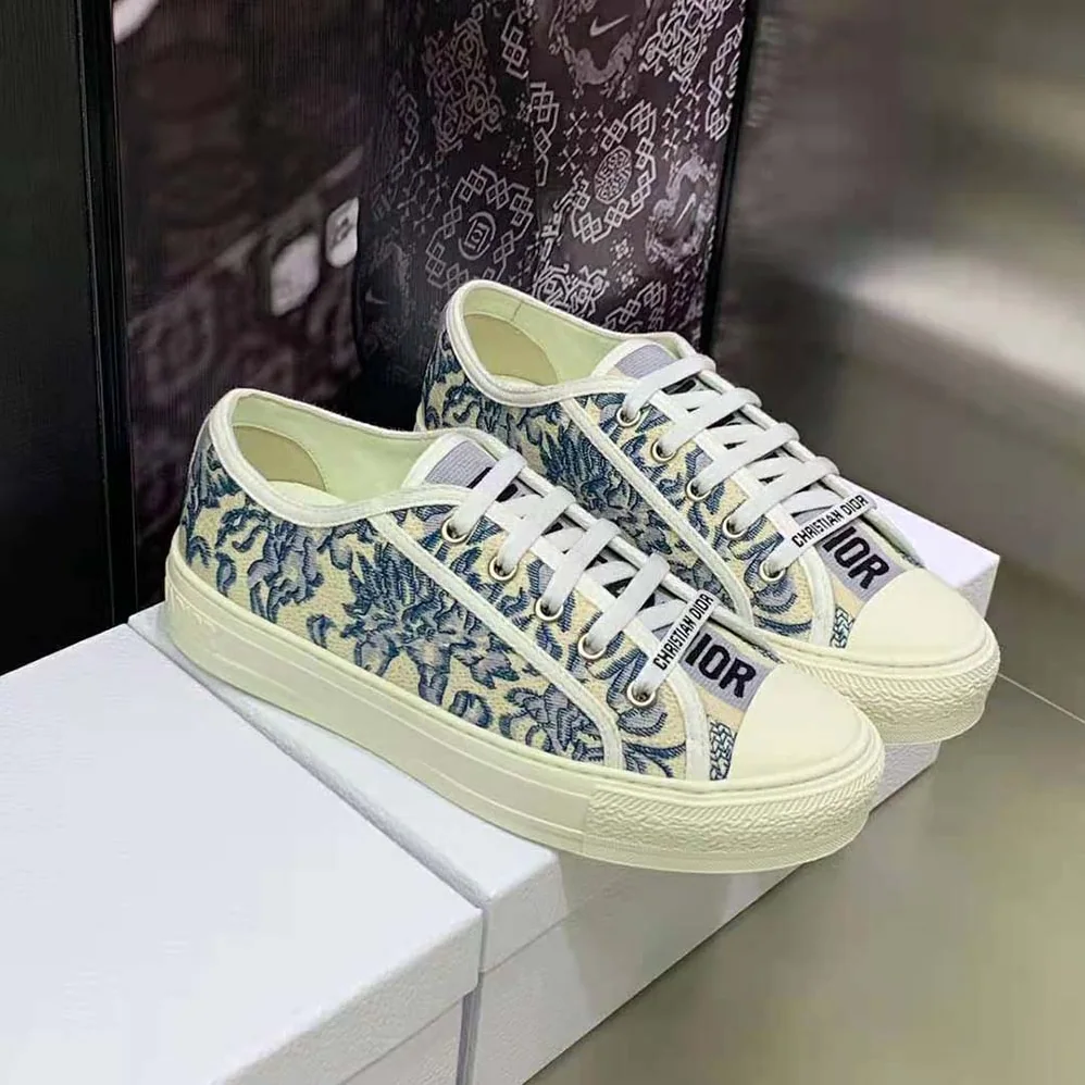 Dior Walk'N'Dior Sneaker Duck Blue Dior Brocart Embroidered Cotton with Gold for Women in Tone Metallic Thread