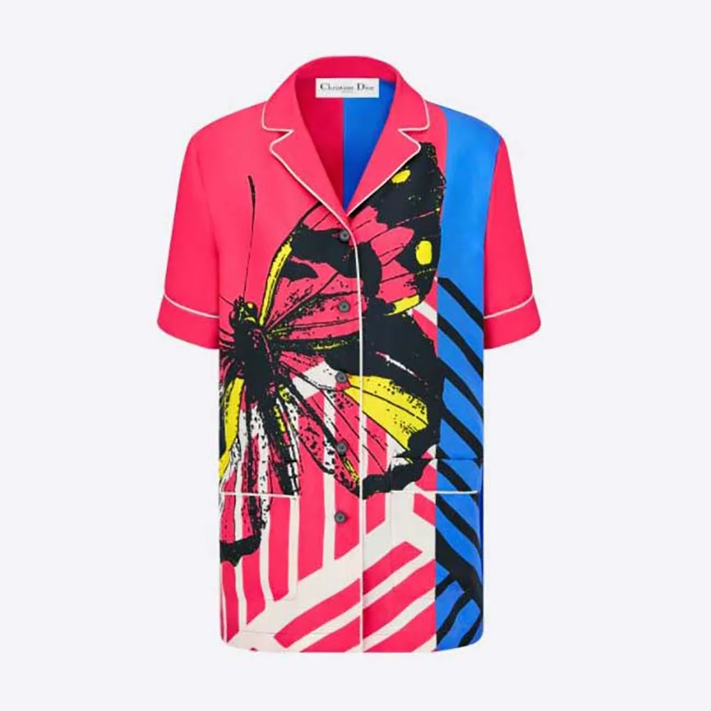 Dior Chez Moi Short-Sleeved Shirt Bright Pink and Fluorescent Blue D for Women in Jungle Pop Silk Twill