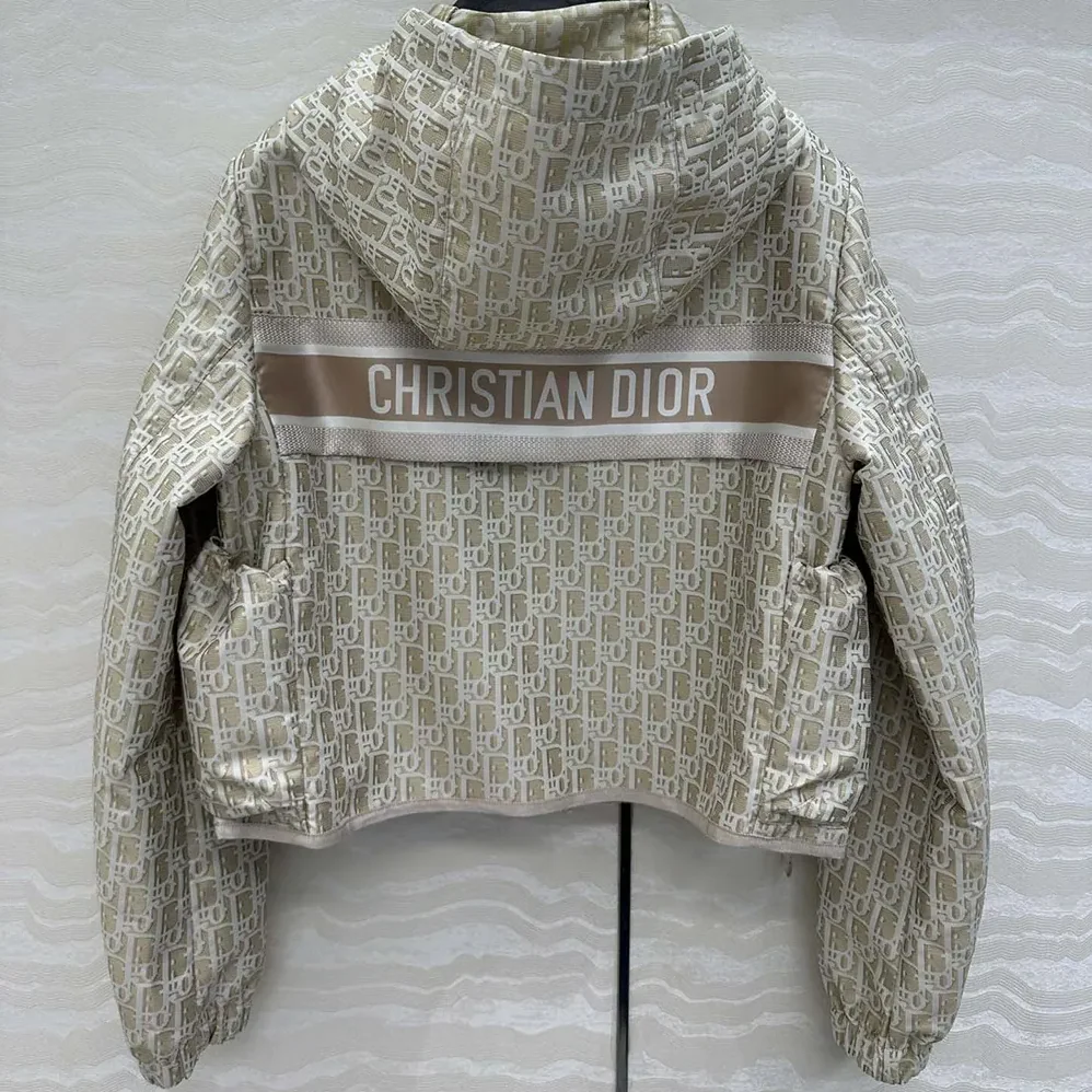 Dior Cropped Hooded Jacket Beige Technical Jacquard Taffeta with Dior Oblique Motif for Men