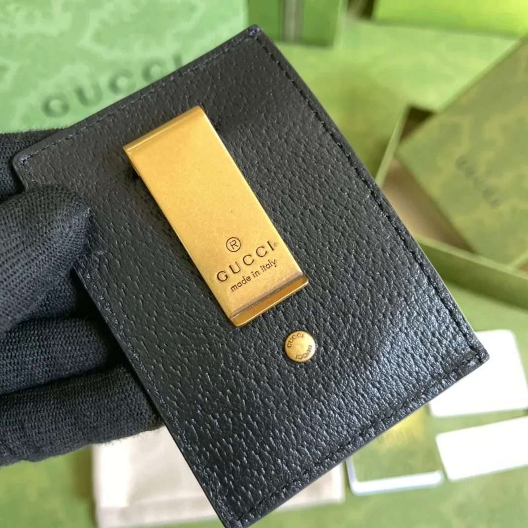 Gucci GG Marmont Card Case Rough Black Gold Toned Hardware /