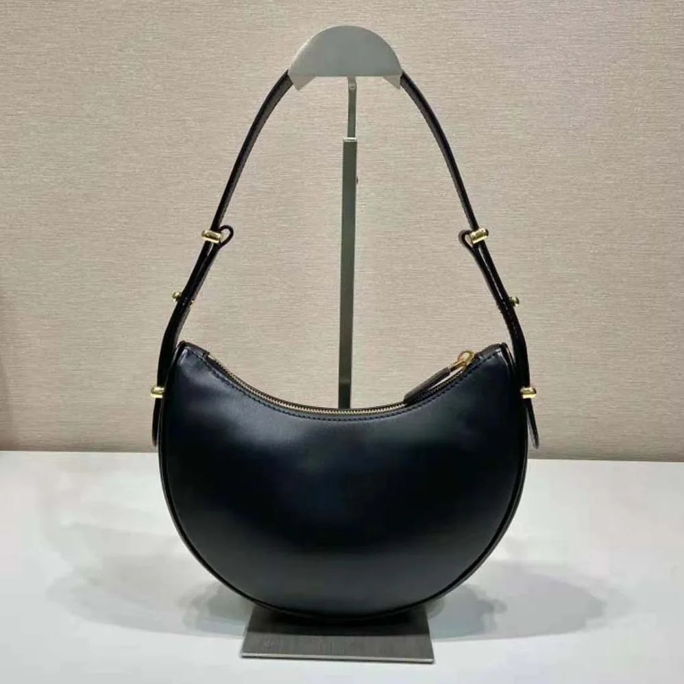 Prada Leather Shoulder Bag with Enameled Metal Triangle Logo for Women in Black