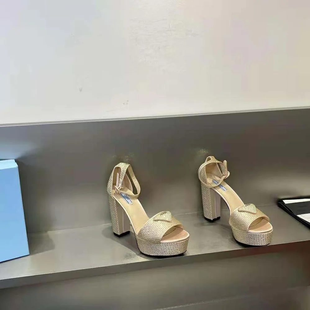 Prada Satin Platform Sandals with Crystals for Women in Gold