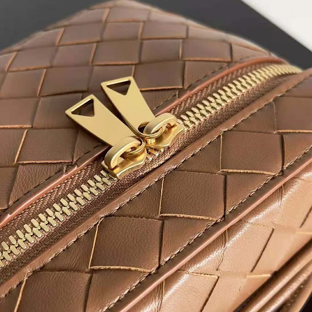 Bottega Veneta Mini Intrecciato Leather Vanity Case with Cross-Body Strap for Women in Brown