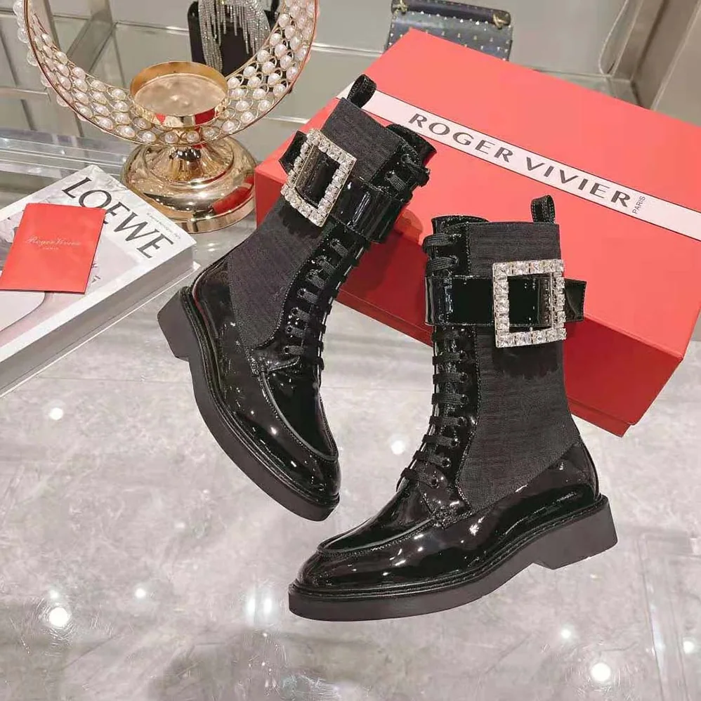 Roger Vivier Viv' Rangers Strass Buckle Boots in Fabrics for Women in Black Roger Vivier Viv' Rangers Strass Buckle Boots in Fabrics for Women in Black
