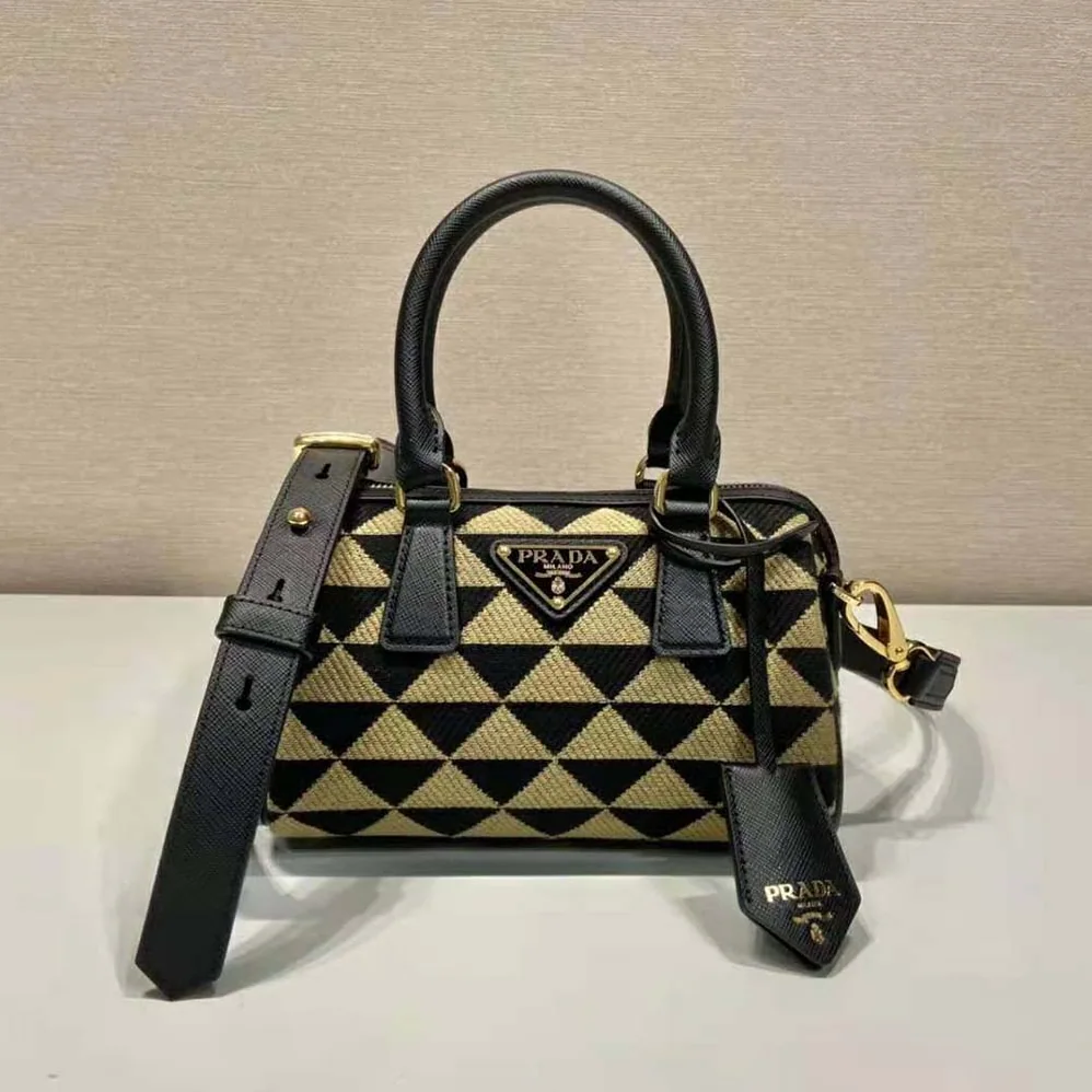 Prada Symbole Embroidered Jacquard Fabric Top-Handle Bag for Women in Black