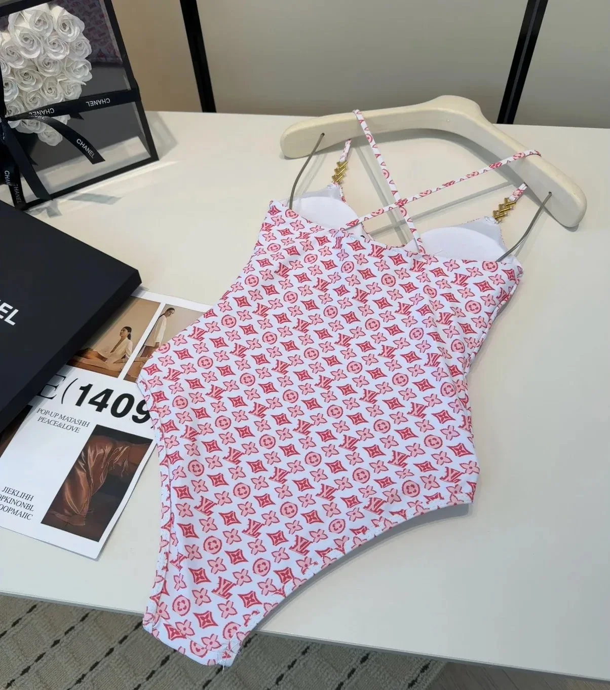Louis Vuitton Chain Ruched One-Piece Swimsuit Pink/ Red Monogram