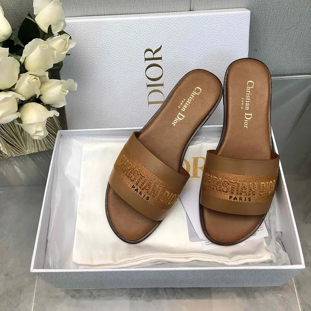 Dior Dway Slide Camel Calfskin and Embroidered Cotton for Women