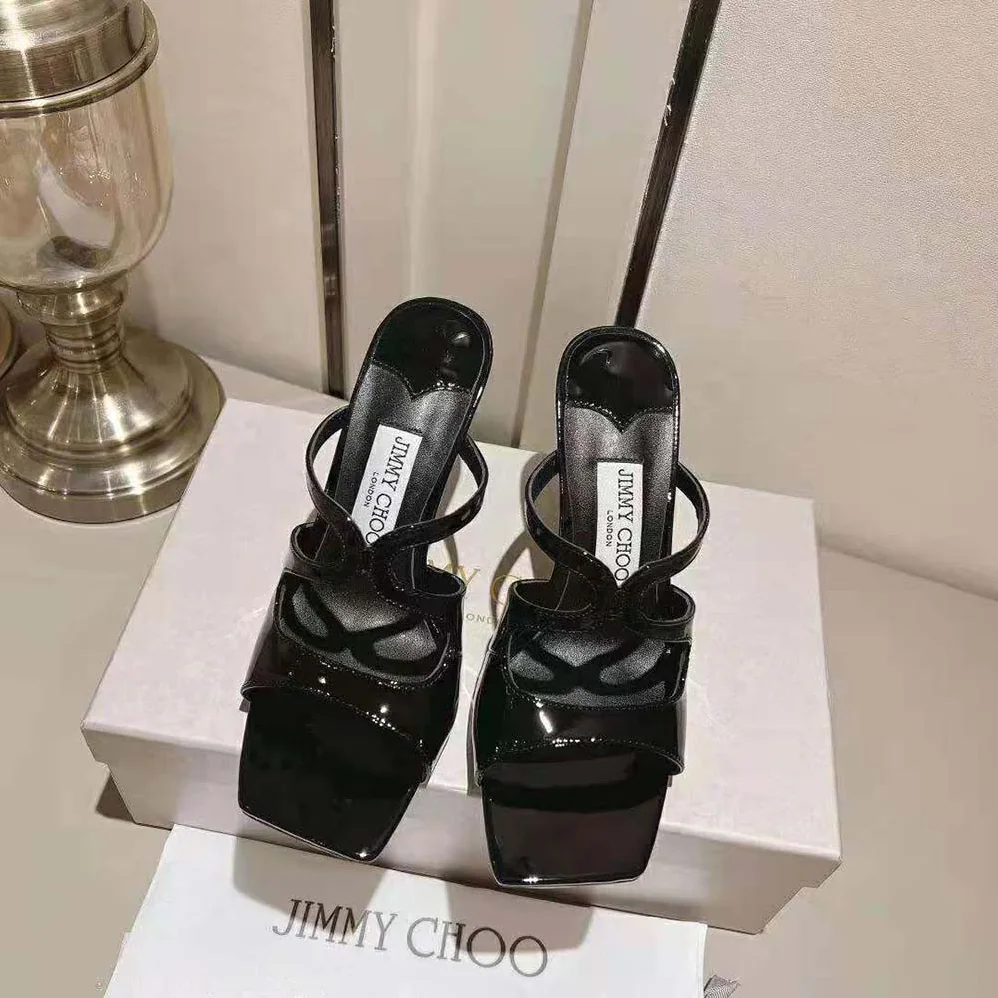 Jimmy Choo Anise 95 Black Patent Leather Mules for Women in Black Jimmy Choo Anise 95 Black Patent Leather Mules for Women in Black