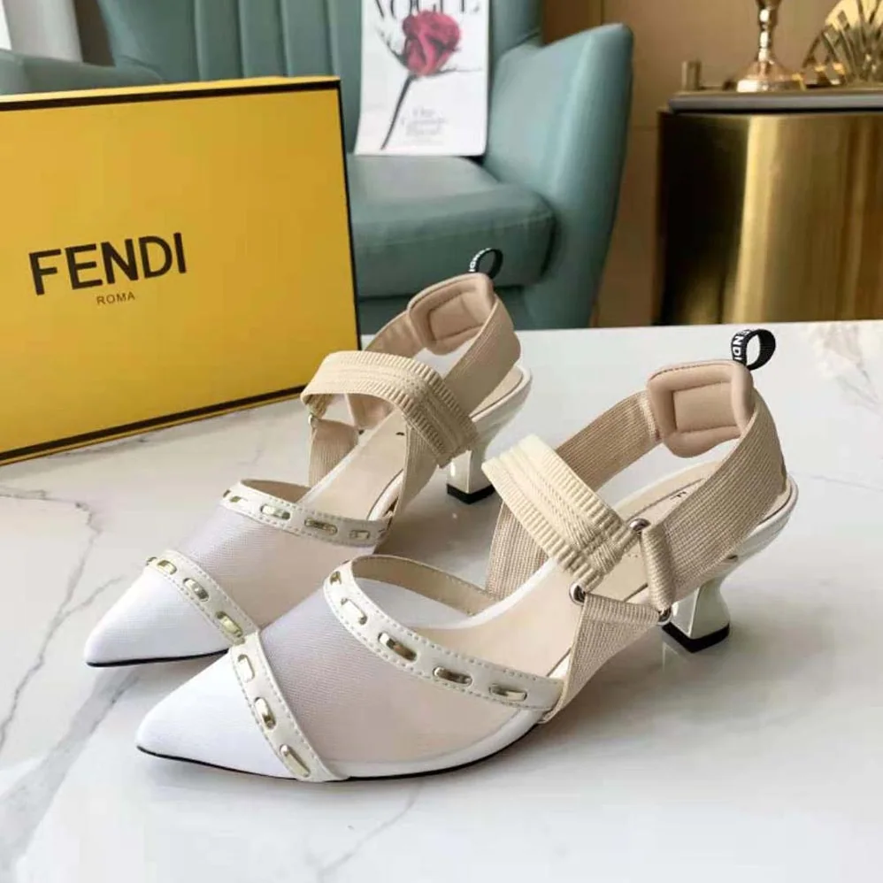 Fendi Colibri Pink Mesh Medium-Heel Slingbacks with Metal Stitches for Women Fendi Colibri Pink Mesh Medium-Heel Slingbacks with Metal Stitches for Women