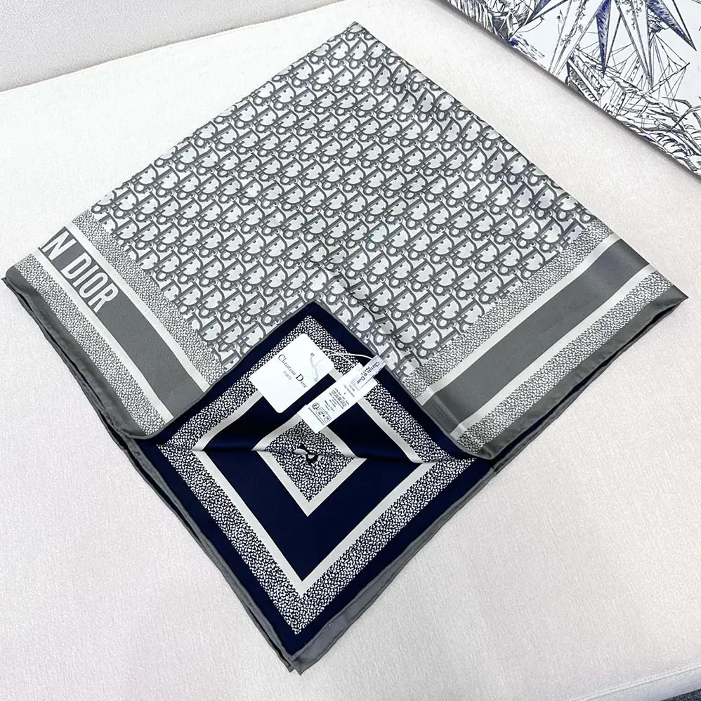 Dior Dior Oblique Diortwin 90 Square Scarf Gray and Navy Blue Silk Twill for Unisex