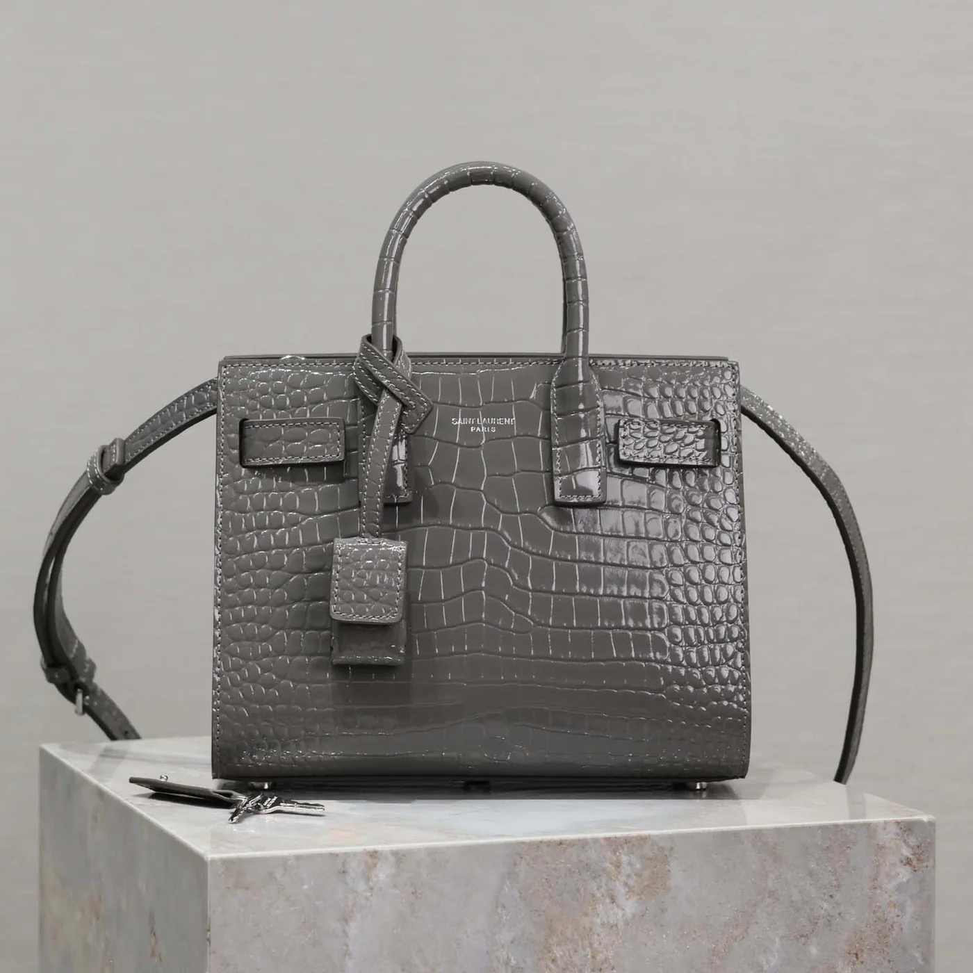 Saint Laurent YSL Sac De Jour in Crocodile Embossed Leather Nano for Women in Silver