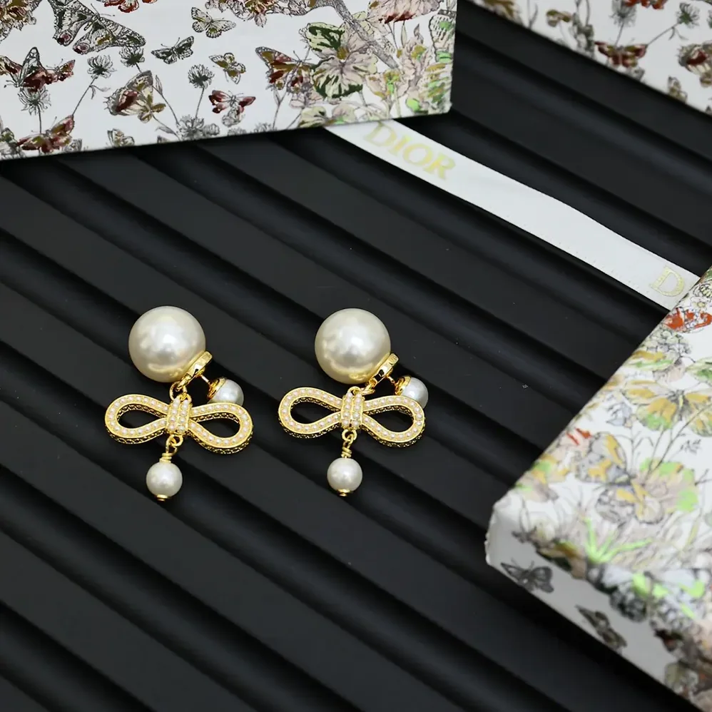 Dior Tribales Earrings Champagne-Finish Metal with White Resin Pearls for Women