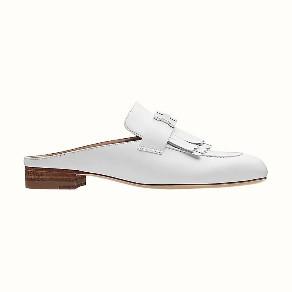 Hermes Rivoli Mule Mule in Calfskin with Fringe Detail for Women in White Hermes Rivoli Mule Mule in Calfskin with Fringe Detail for Women in White