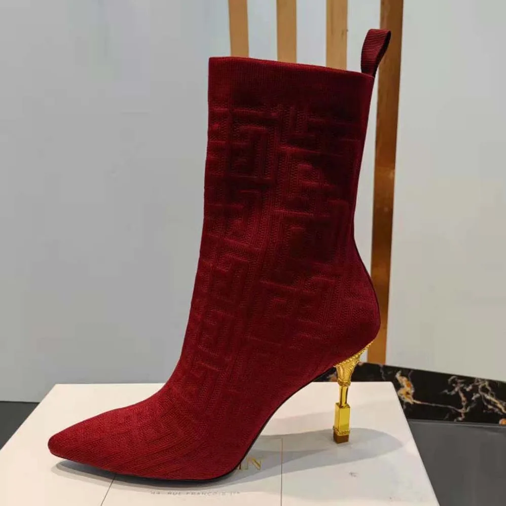 Balmain Moneta Monogrammed Knit Ankle Boots with Engraved Heel for Women in Red