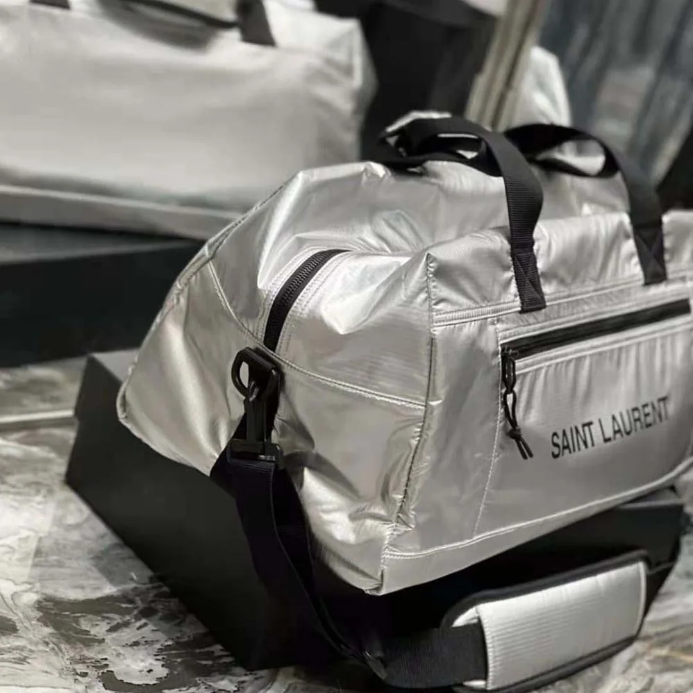 Saint Laurent YSL Nuxx Duffle in Metallized Nylon for Men in Silver Saint Laurent YSL Nuxx Duffle in Metallized Nylon for Men in Silver
