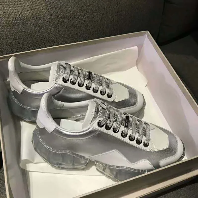 Jimmy Choo Shoes Diamond/F Silver Metallic Leather and White Calf Leather Low Top Trainers for Women Jimmy Choo Shoes Diamond/F Silver Metallic Leather and White Calf Leather Low Top Trainers for Women