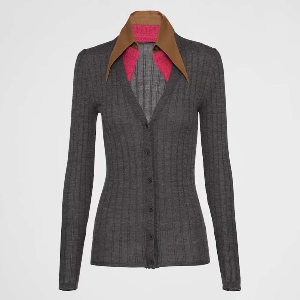 Prada Cashmere and Silk Cardigan with Collar for Women in Gray Prada Cashmere and Silk Cardigan with Collar for Women in Gray