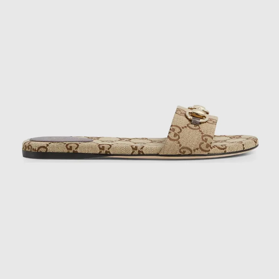 Gucci Horsebit Slide Sandals Beige in Dark Brown