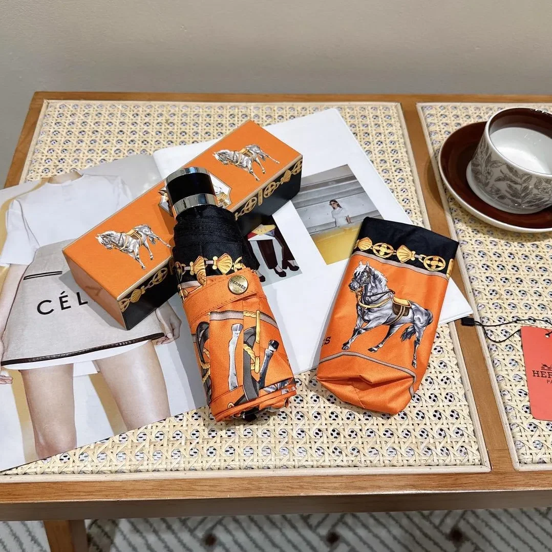 Hermes Long Umbrella With Horse Motif Orange