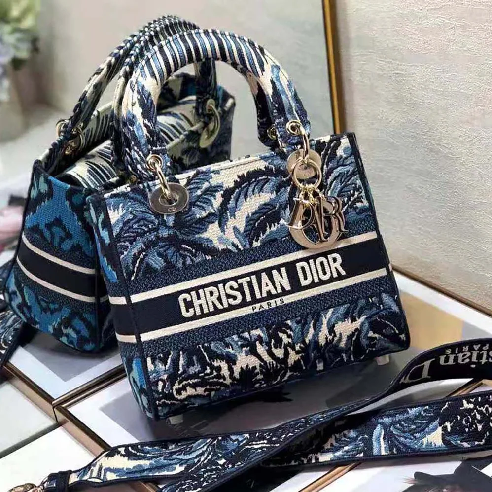 Dior Medium Lady D-lite Bag Blue Dior Palms Embroidery for Women