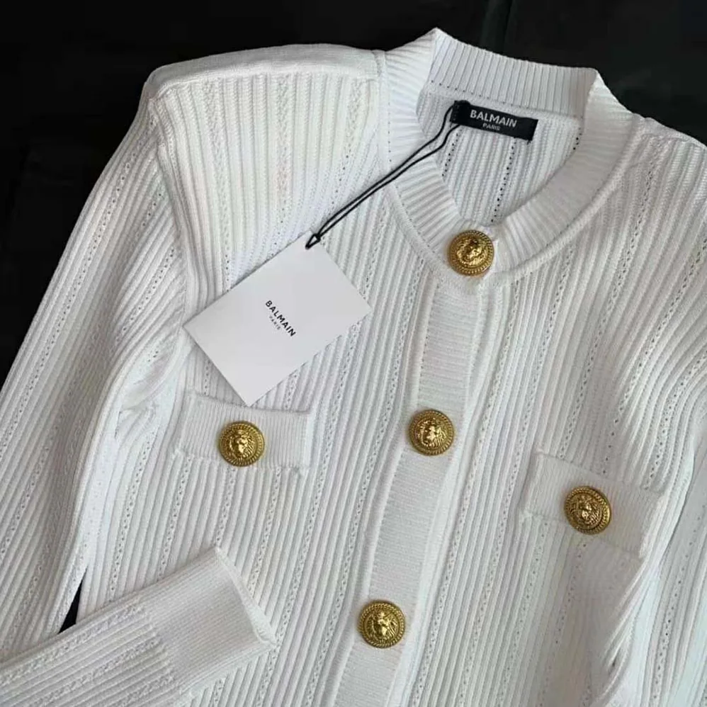 Balmain Knit Cardigan with Gold Buttons for Women in White