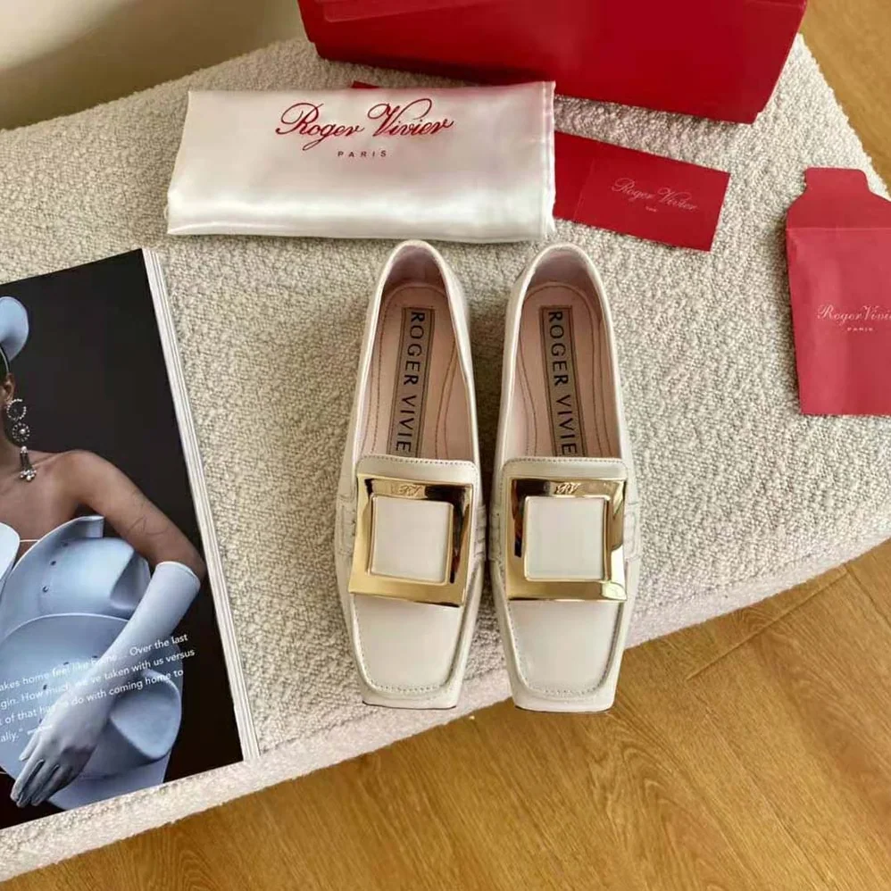 Roger Vivier Viv' Driver Metal Buckle Loafers in Leather for Women in White Roger Vivier Viv' Driver Metal Buckle Loafers in Leather for Women in White