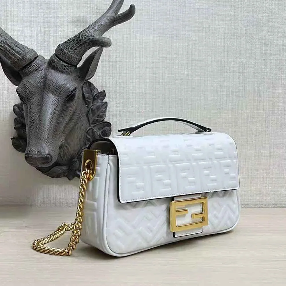 Fendi Baguette Chain Midi Light Gray Leather Bag for Women in White