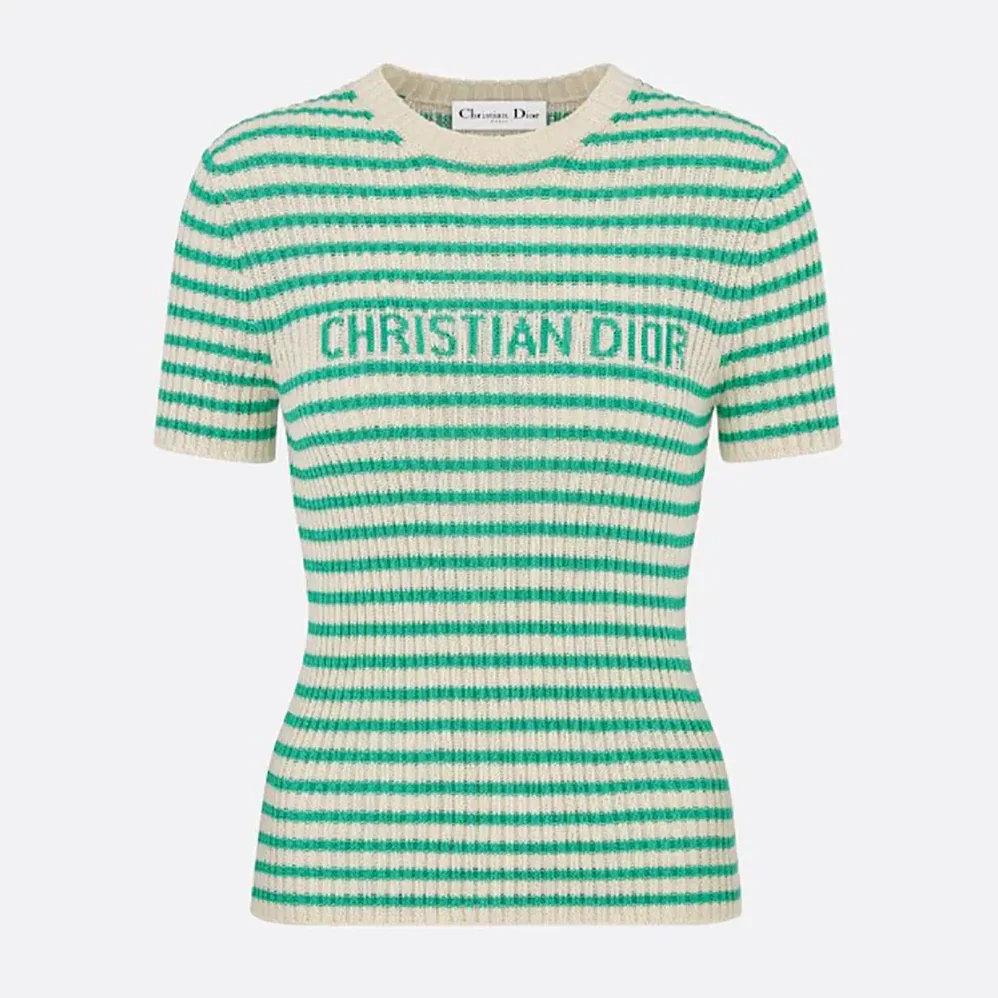 Dior Dioriviera Short-Sleeved Sweater White and Aquamarina Cotton Ribbed Knit for Women Dior Dioriviera Short-Sleeved Sweater White and Aquamarina Cotton Ribbed Knit for Women