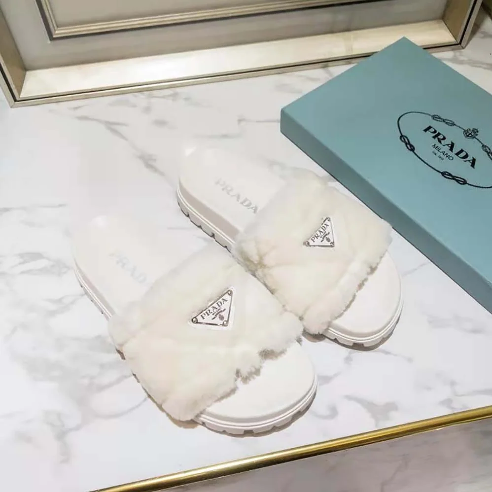 Prada Shearling Slides in 20mm Heel for Women in White