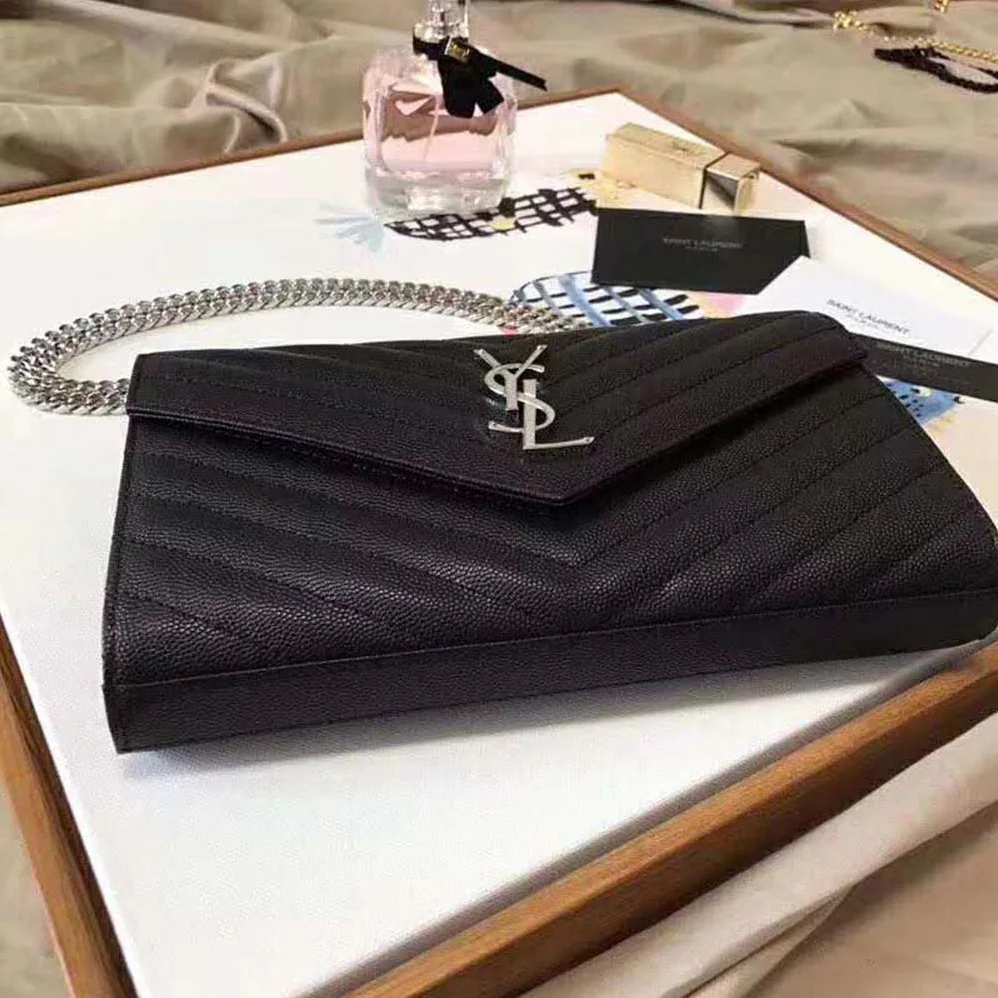 Saint Laurent Monogram Chain Wallet Grain De Poudre Embossed in Silver