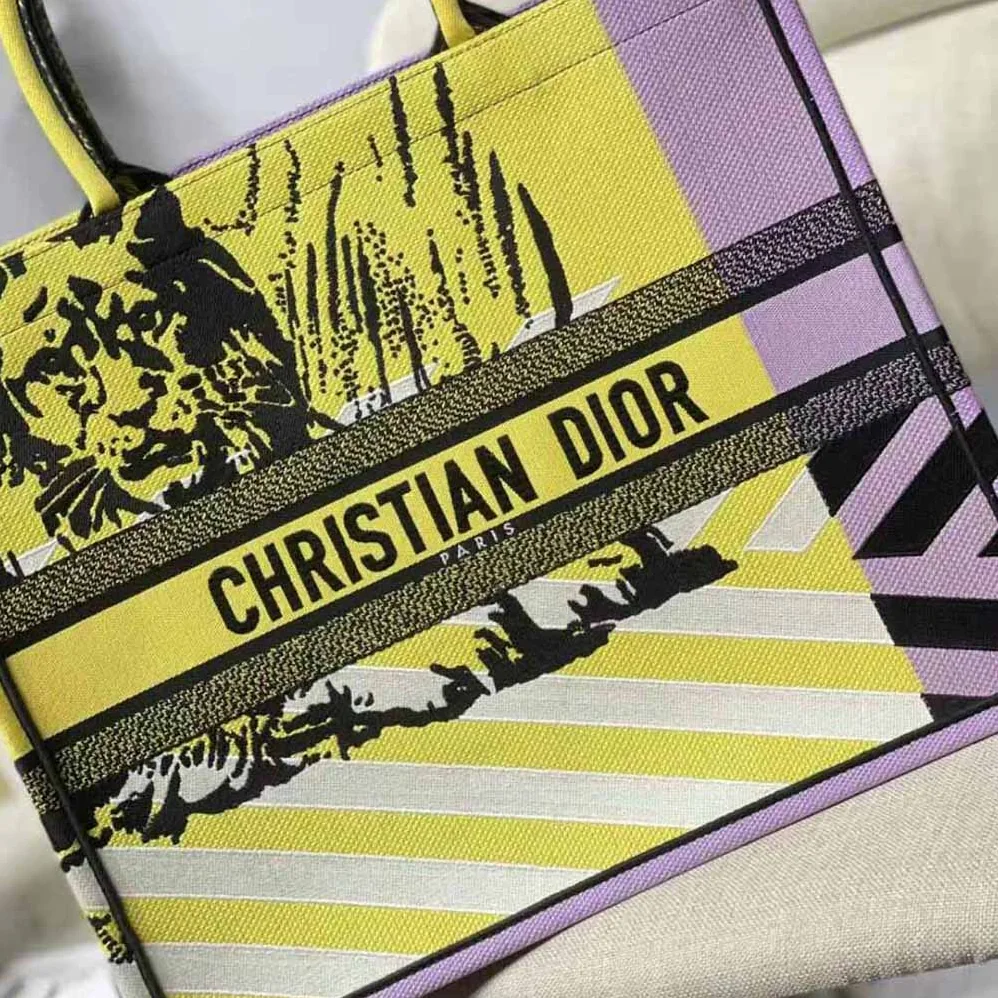 Dior Large Dior Book Tote Bright Yellow and Pink D for Women in Jungle Pop Embroidery Dior Large Dior Book Tote Bright Yellow and Pink D for Women in Jungle Pop Embroidery