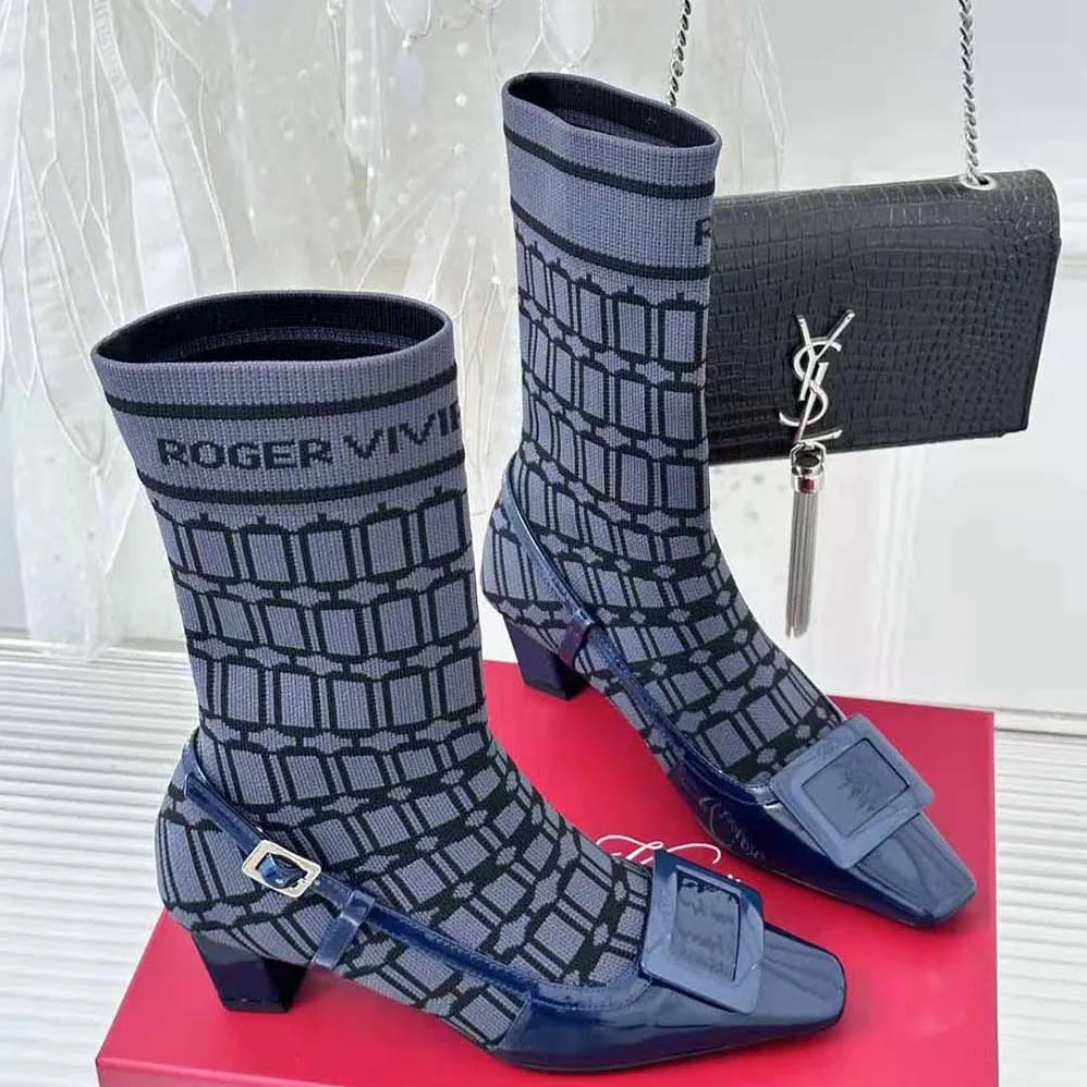 Roger Vivier Belle Vivier Sock Lacquered Buckle Ankle Boots in Patent Leather for Women in Blue Roger Vivier Belle Vivier Sock Lacquered Buckle Ankle Boots in Patent Leather for Women in Blue