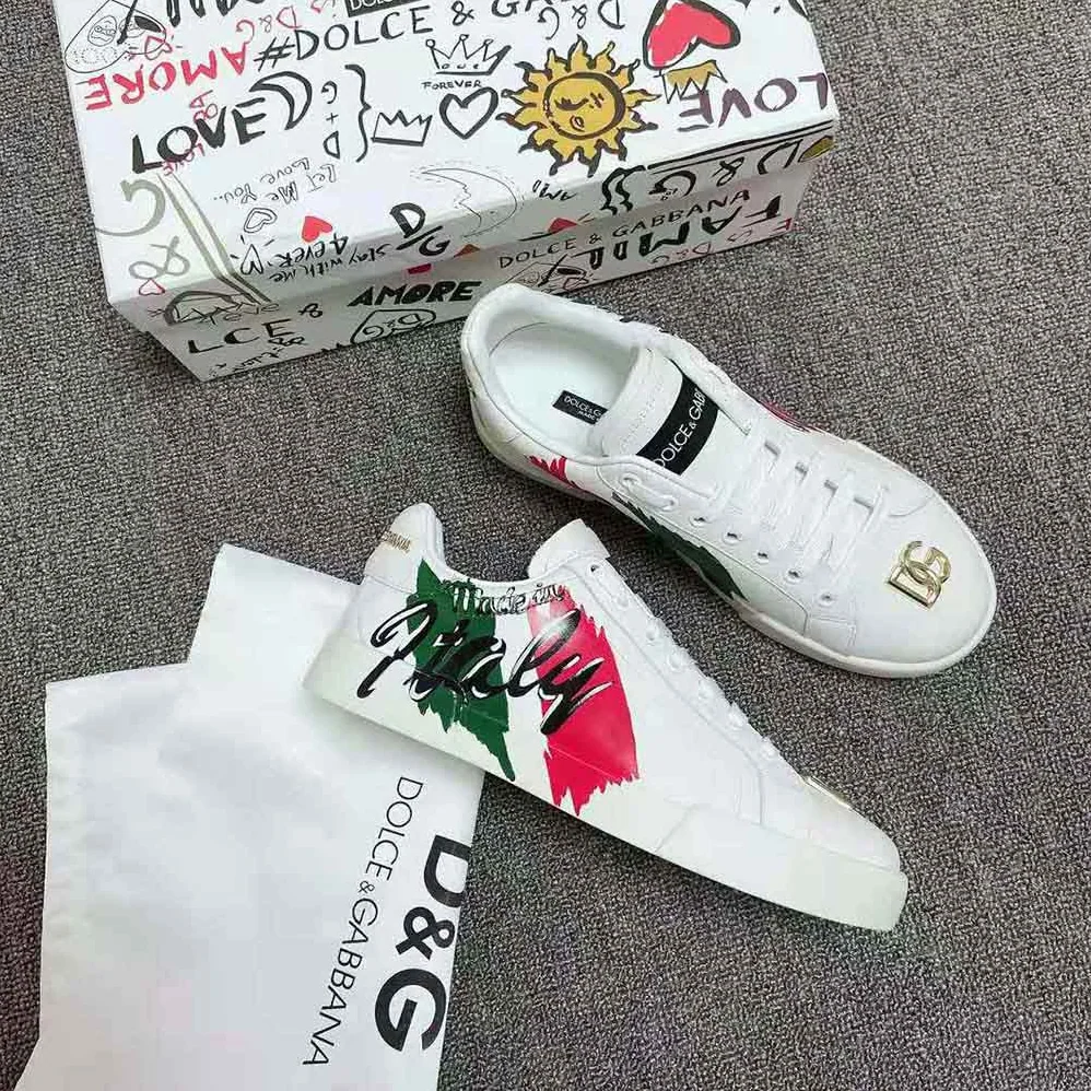 Dolce Gabbana D&G Calfskin Portofino Light Sneakers with Print for Women in White