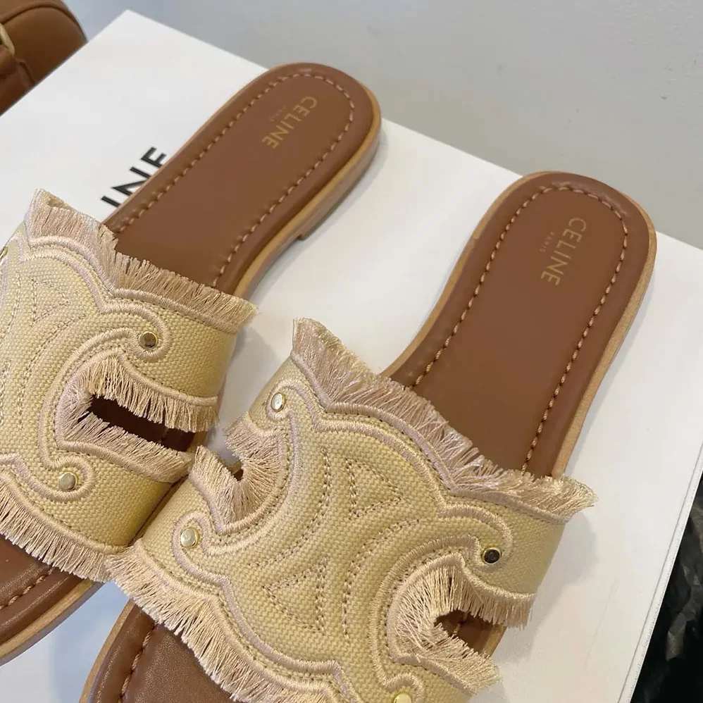 Celine Marina Fringed Mule in Cotton for Women in Beige