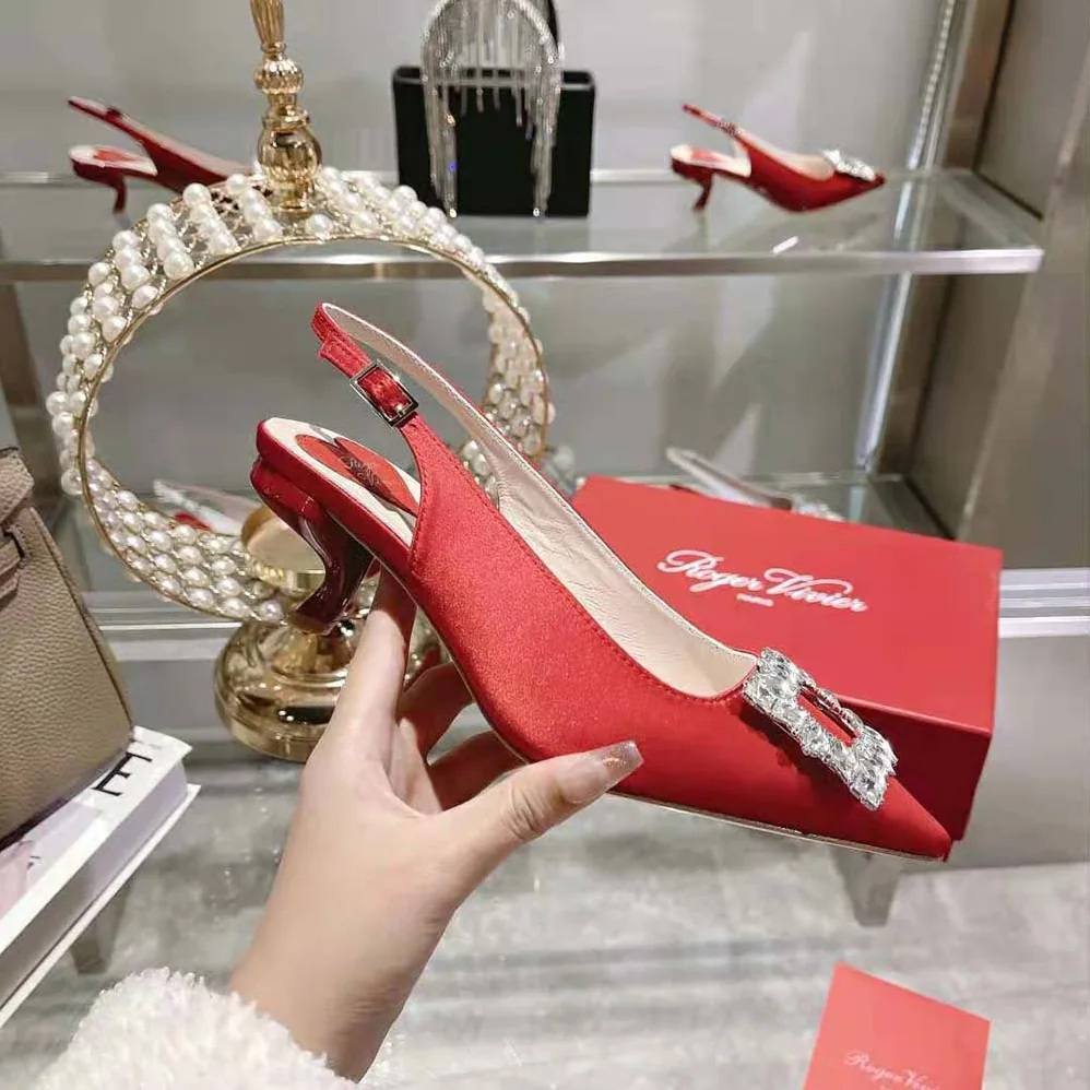 Roger Vivier Virgule Strass Buckle Slingback Pumps in Satin for Women in Red Roger Vivier Virgule Strass Buckle Slingback Pumps in Satin for Women in Red