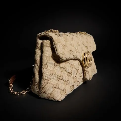 Gucci Marmont Small Shoulder Bag / Sand/ Dark Brown Gold Hardware