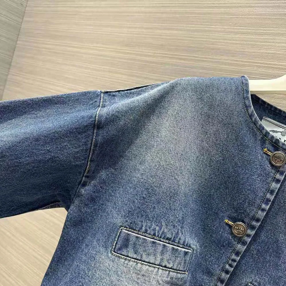 Prada Denim Blouson Jacket with Enameled Metal Triangle Logo for Women