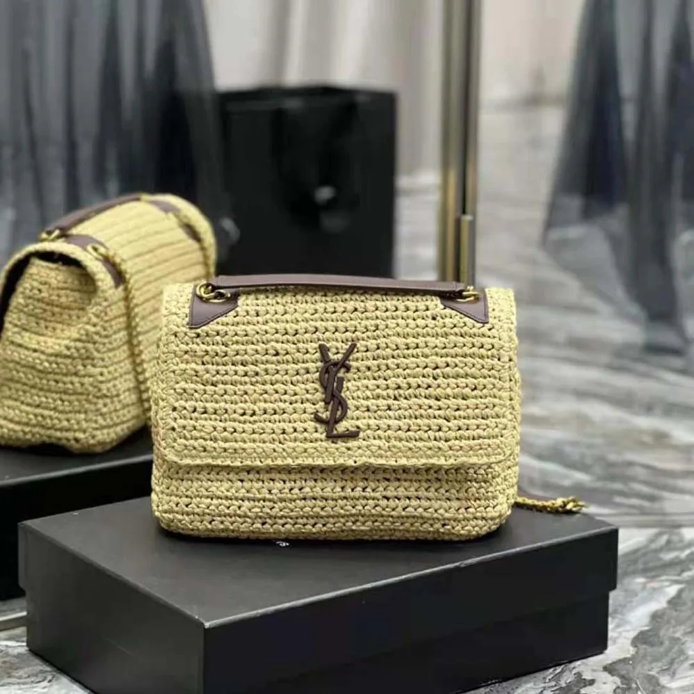 Saint Laurent YSL Niki Medium Chain Bag in Raffia and Leather for Women in Brown
