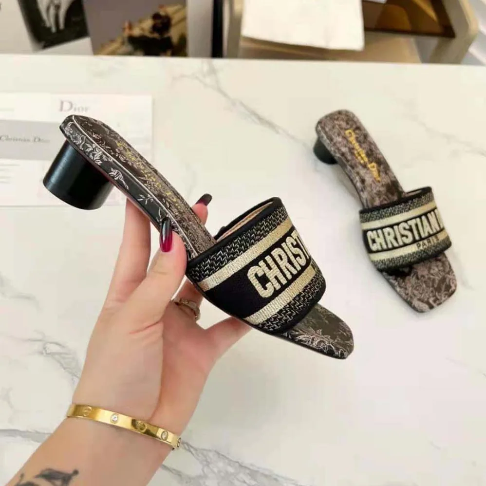 Dior Dway Heeled Slide Beige and Black Cotton Embroidered with Plan de Paris Motif for Women Dior Dway Heeled Slide Beige and Black Cotton Embroidered with Plan de Paris Motif for Women