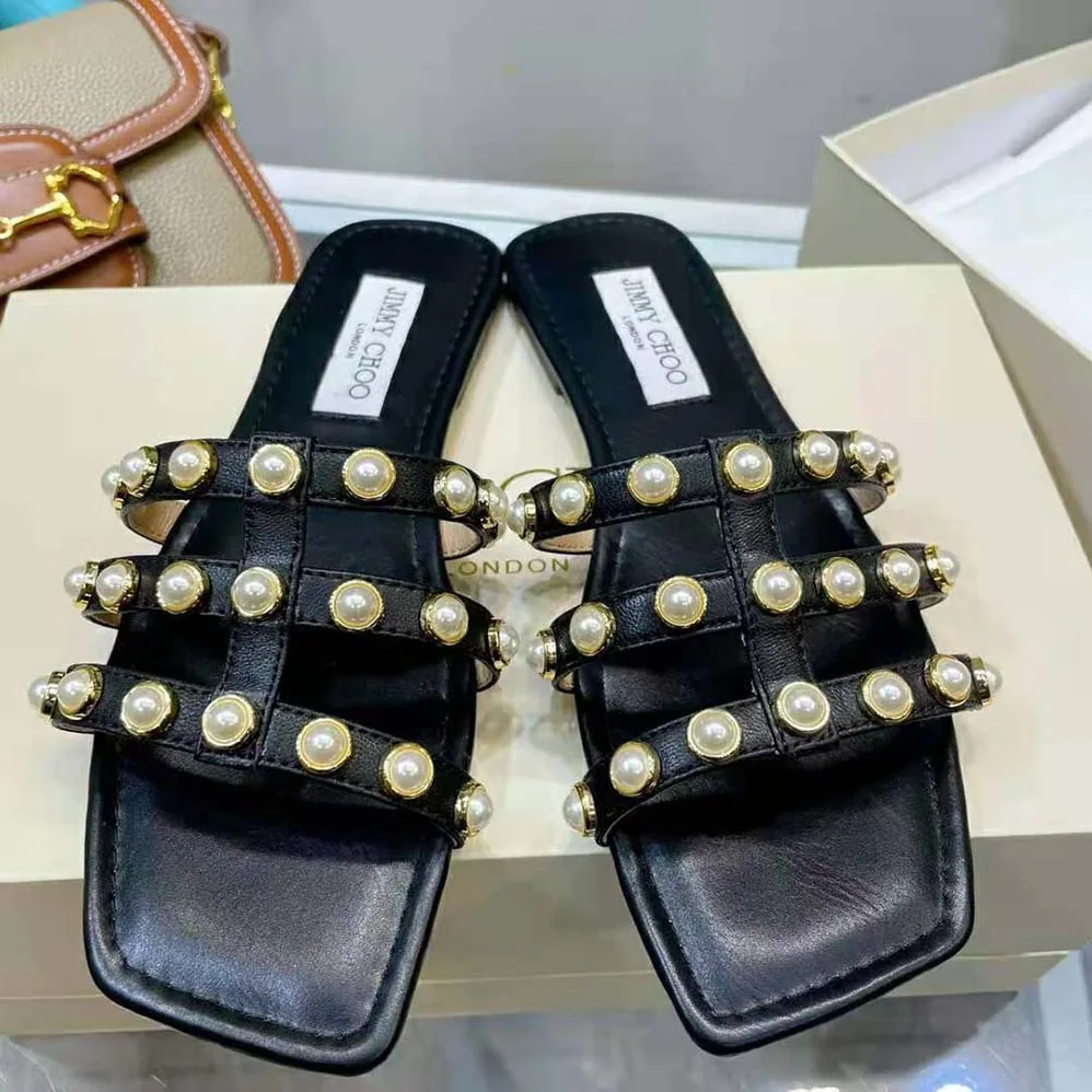 Jimmy Choo Hazal Flat Black Nappa Caged Flats with Pearl Studs for Women
