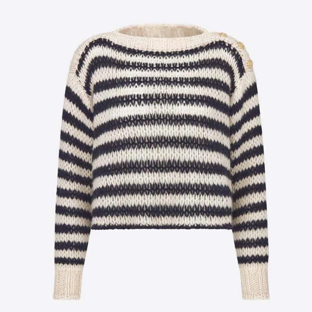 Dior Marinière Sweater Navy Blue and Ecru Wool Cashmere and Silk Knit with D for Women in Stripes Motif