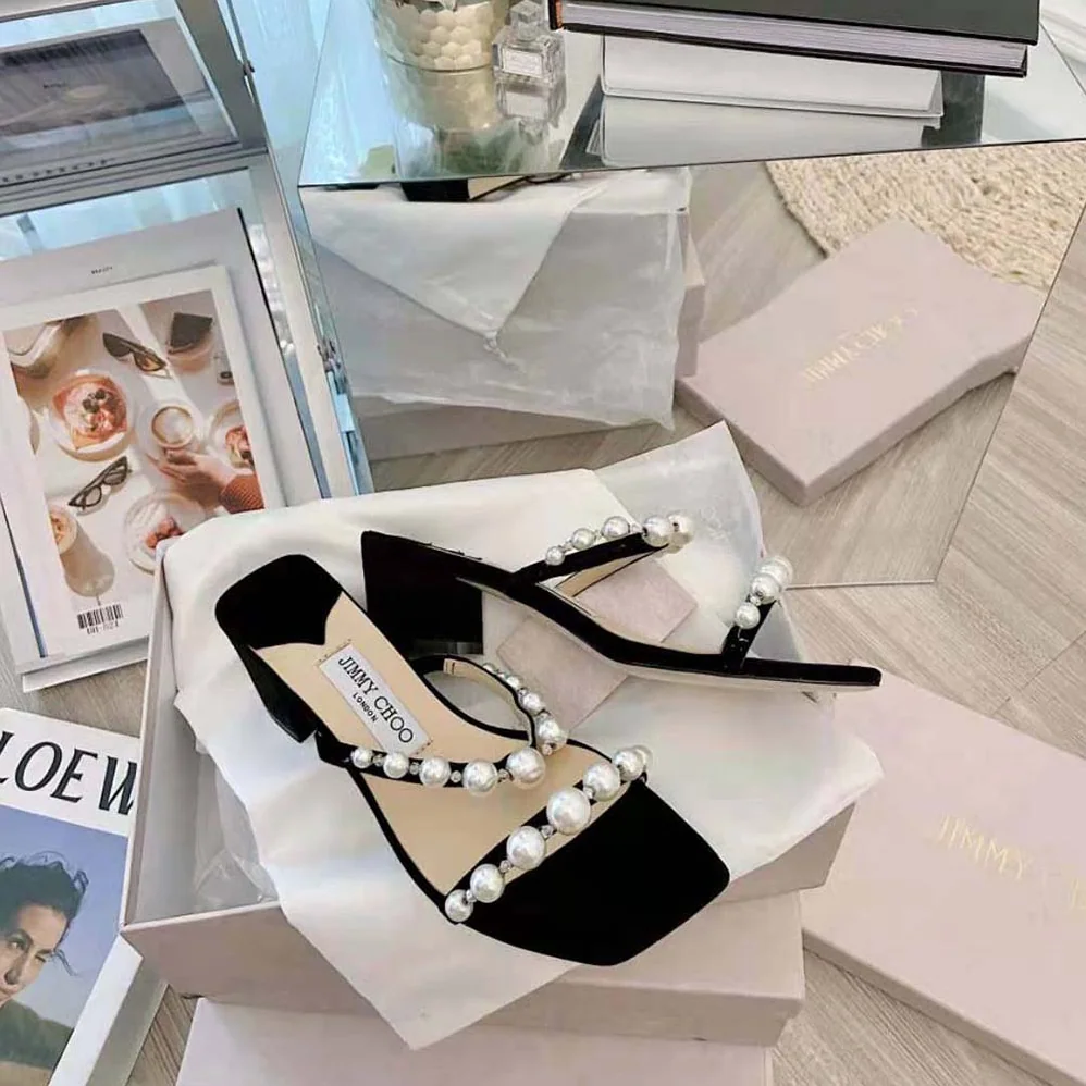 Jimmy Choo Amara 45 Black Suede Mules with Pearl Embellishment for Women Jimmy Choo Amara 45 Black Suede Mules with Pearl Embellishment for Women