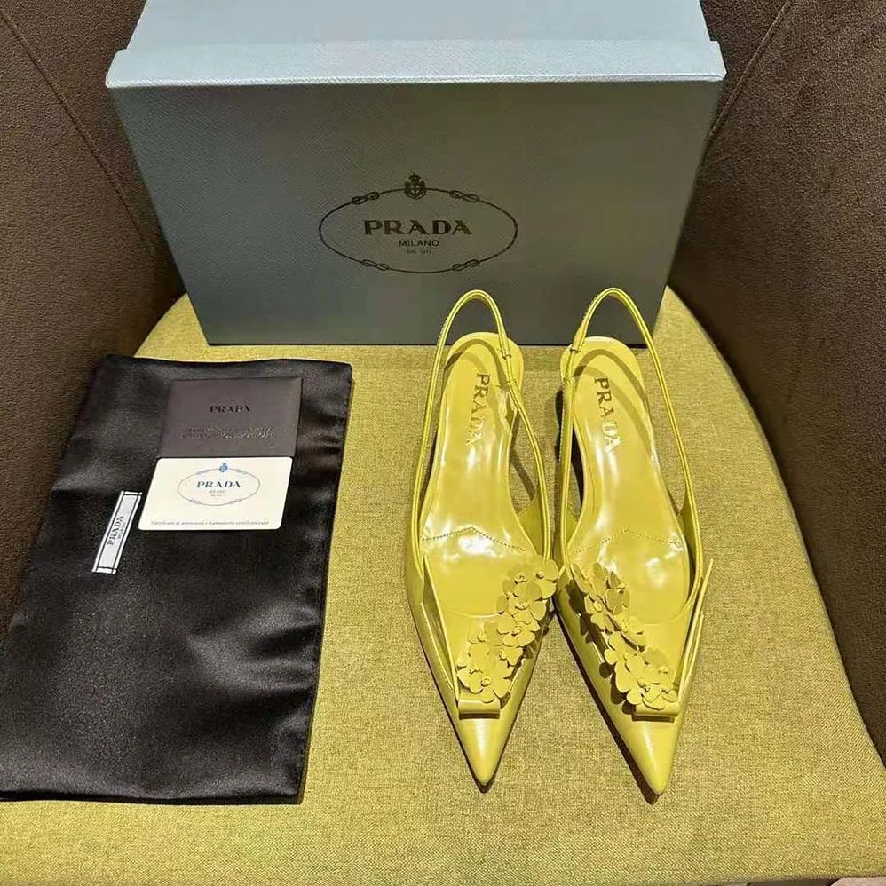 Prada Brushed Leather Slingback Pumps with Floral Appliques for Women in Yellow