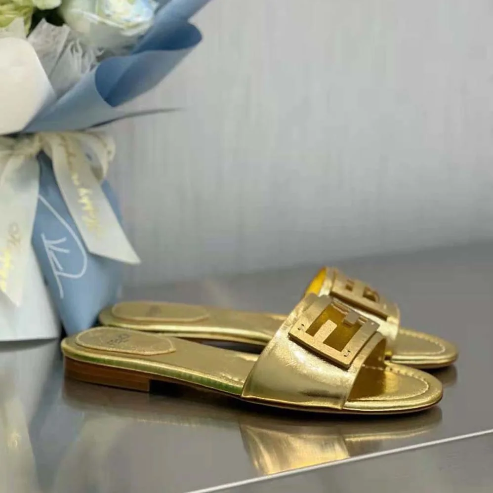 Fendi Baguette Gold Nappa Leather Slides for Women Fendi Baguette Gold Nappa Leather Slides for Women