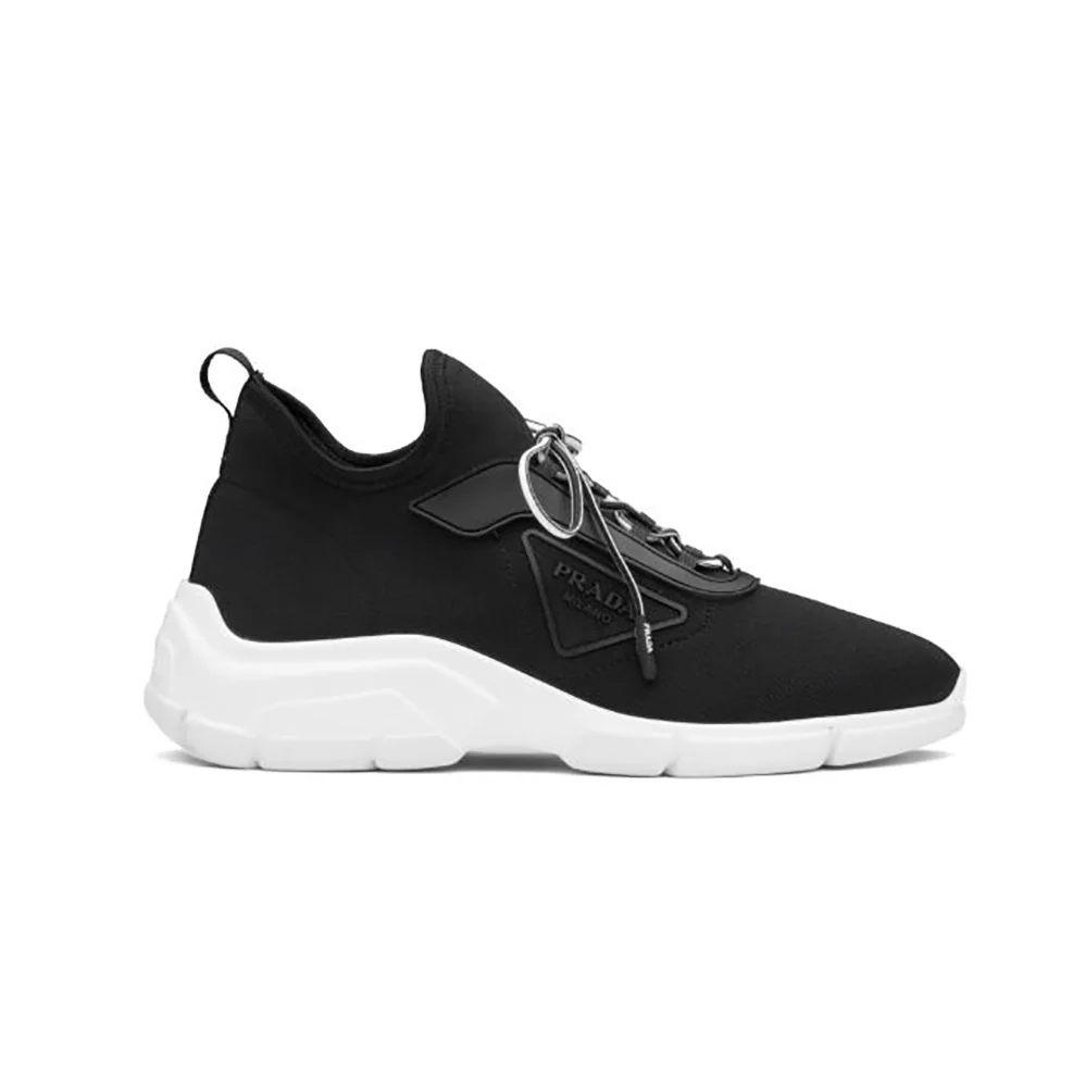 Prada The Triangle Logo Decorates These Knit Fabric Sneakers for Women in Black