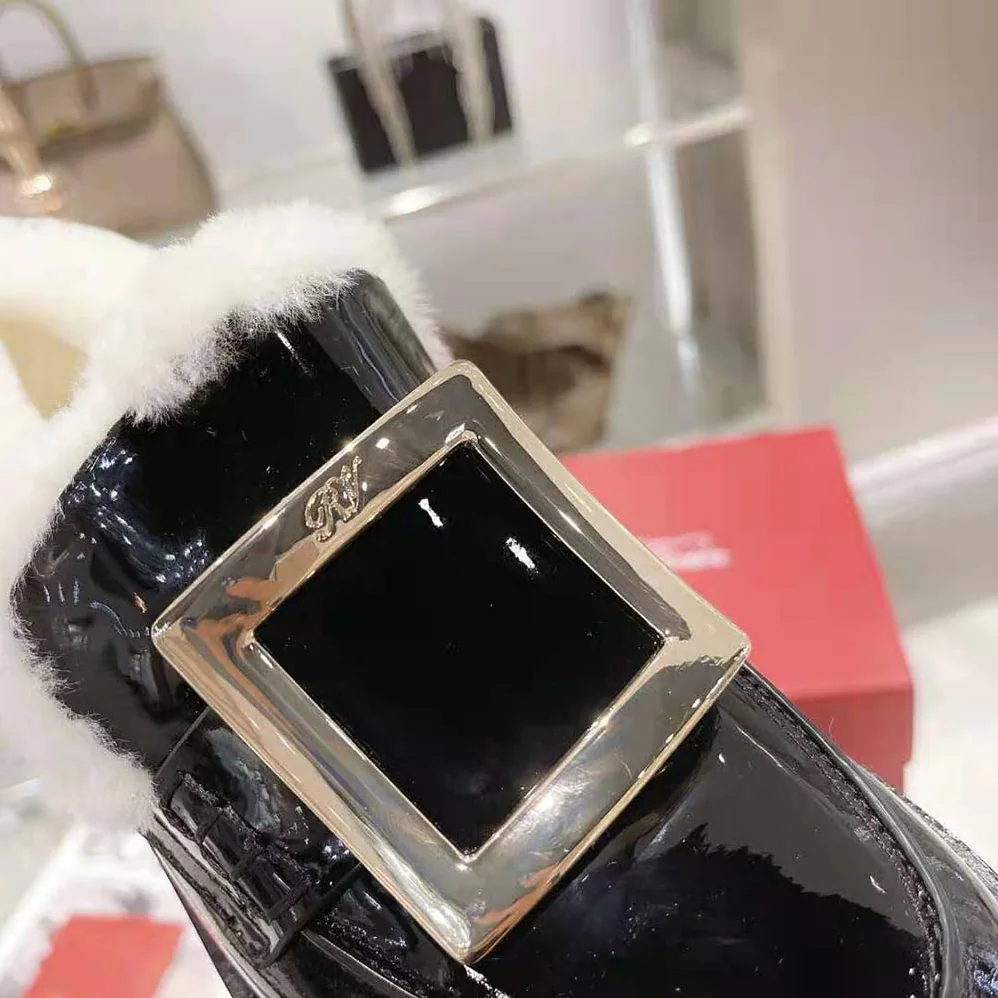 Roger Vivier Viv' Rangers Metal Buckle Fur Loafers in Patent Leather for Women Roger Vivier Viv' Rangers Metal Buckle Fur Loafers in Patent Leather for Women