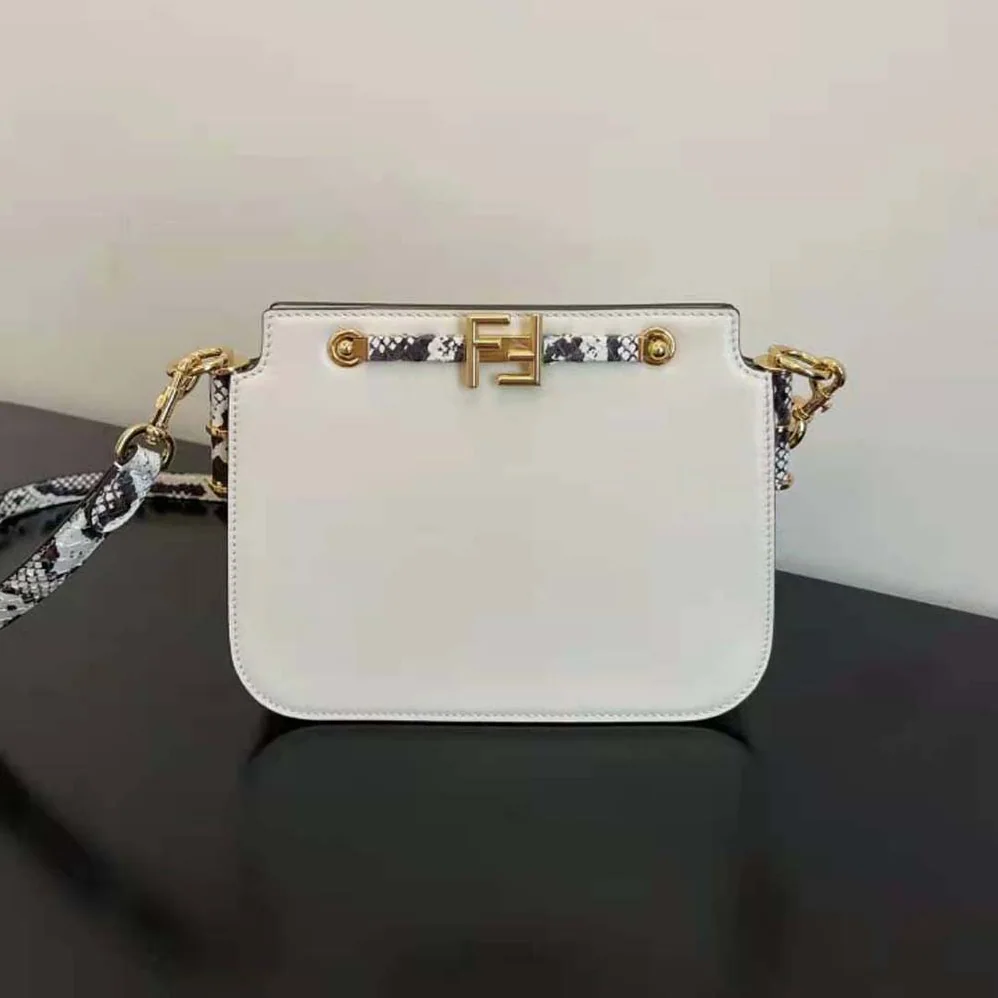 Fendi Touch White Leather Bag with Metal FF Clasp for Women